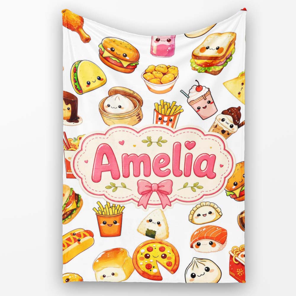 Kawaii Fast Food Burger Sushi Taco Pizza Grey Seamless Pattern Name Personalised Custom Name Super Soft Fleece Blanket Bed Sofa Throw