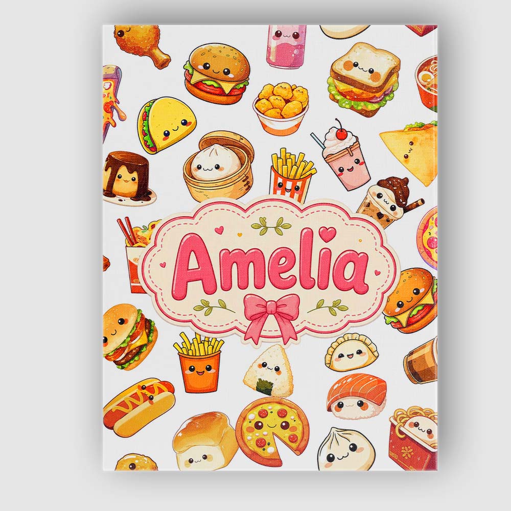 Personalised Name Kawaii Fast Food Burger Custom Unique Gift Idea Elegant Feature Canvas Wall Art Print Decor Picture Ready to Hang