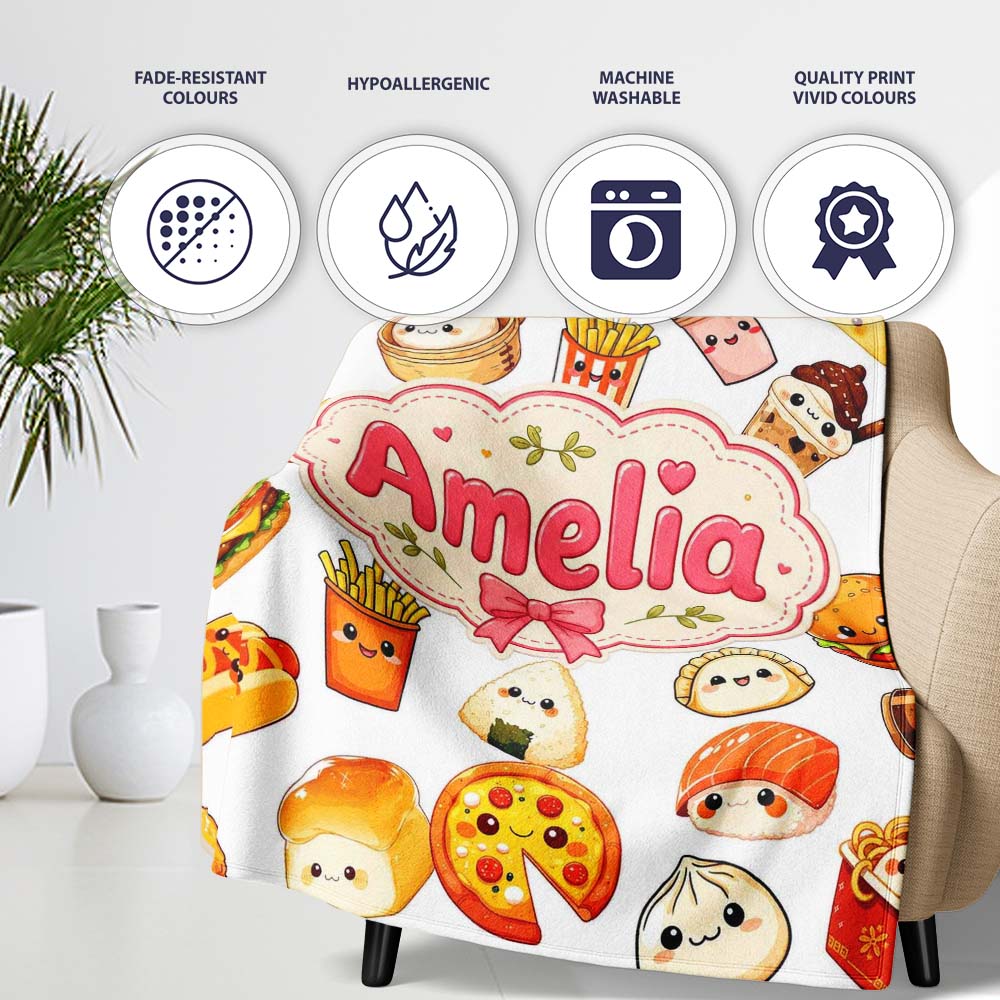 Kawaii Fast Food Burger Sushi Taco Pizza Grey Seamless Pattern Name Personalised Custom Name Super Soft Fleece Blanket Bed Sofa Throw