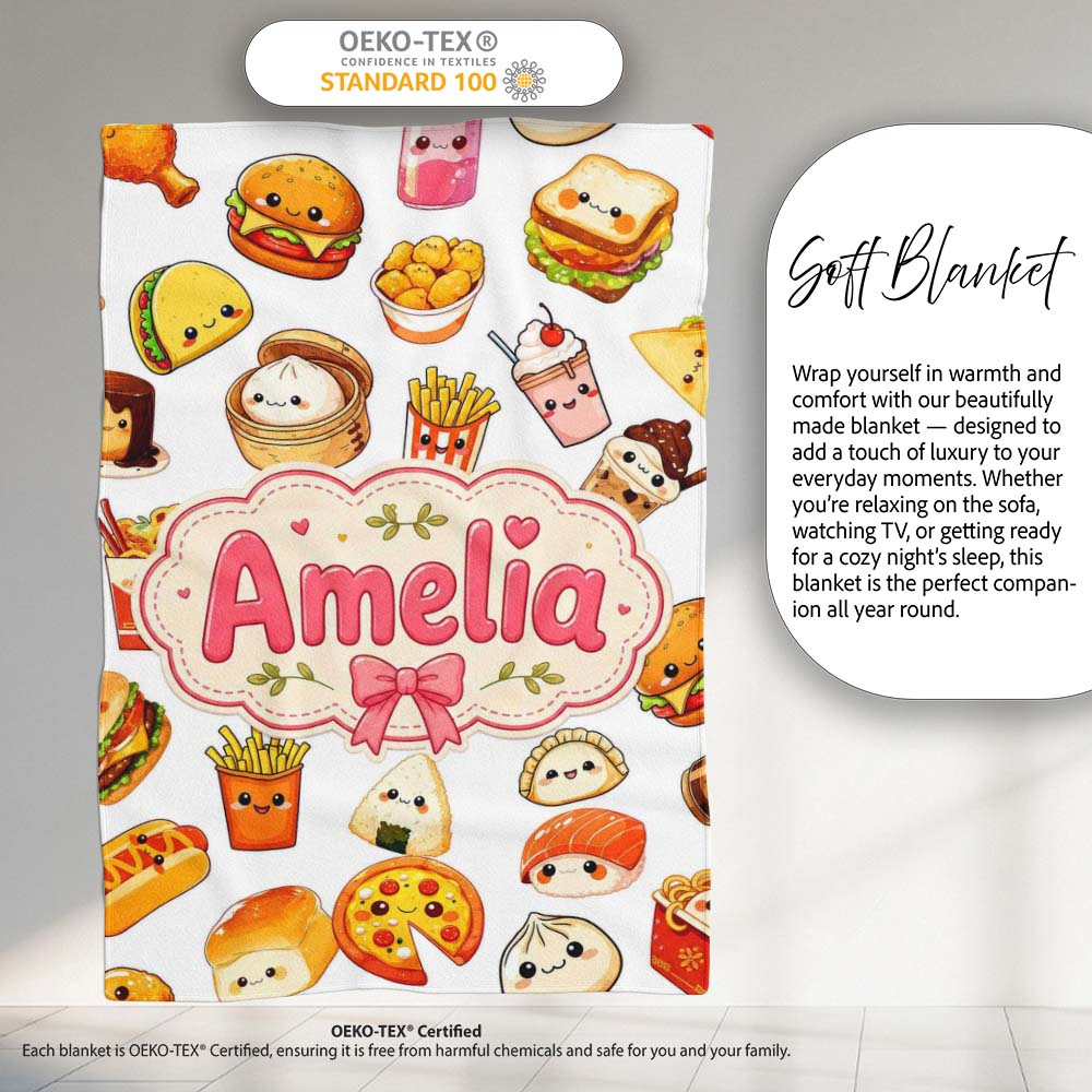 Kawaii Fast Food Burger Sushi Taco Pizza Grey Seamless Pattern Name Personalised Custom Name Super Soft Fleece Blanket Bed Sofa Throw