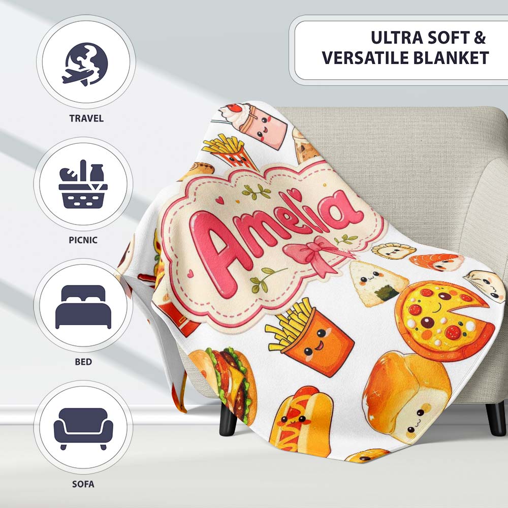 Kawaii Fast Food Burger Sushi Taco Pizza Grey Seamless Pattern Name Personalised Custom Name Super Soft Fleece Blanket Bed Sofa Throw