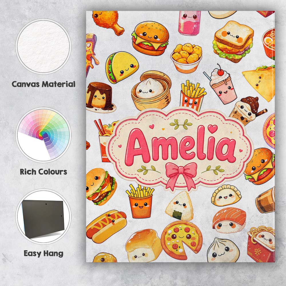 Personalised Name Kawaii Fast Food Burger Custom Unique Gift Idea Elegant Feature Canvas Wall Art Print Decor Picture Ready to Hang
