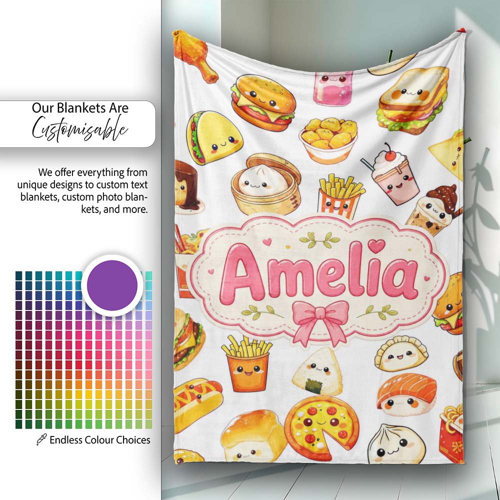Kawaii Fast Food Burger Sushi Taco Pizza Grey Seamless Pattern Name Personalised Custom Name Super Soft Fleece Blanket Bed Sofa Throw