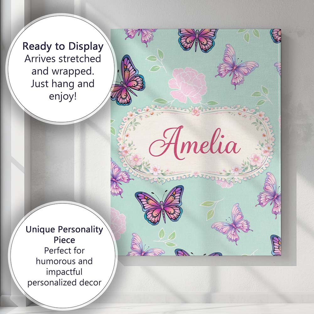 Personalised Name Pink Purple Butterfly Floral Teal Background Custom Modern Room Accent Canvas Wall Art Print Decor Picture Ready to Hang