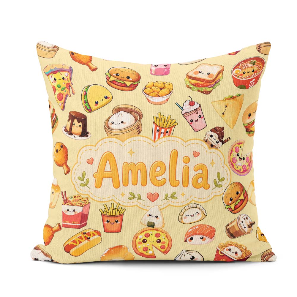 Custom Name Kawaii Fast Food Burger Sushi Pizza Seamless Pattern Square Filled Cushion Throw Pillow Sofa Bed Home Decor Zip Washable UK Made