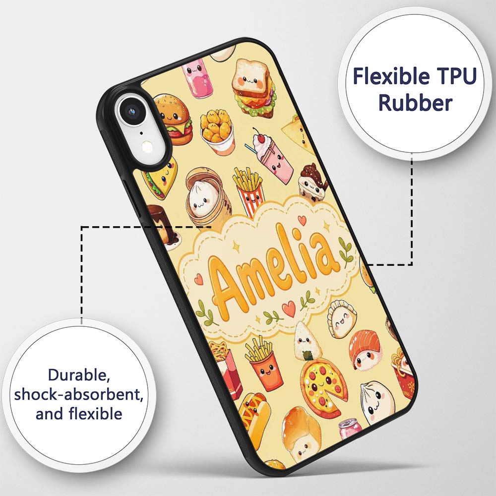 Kawaii Fast Food Burger Sushi Taco Pizza Beige Custom Name Protective Phone Case Mobile Cover Durable Everyday Smartphone Shock Resistant