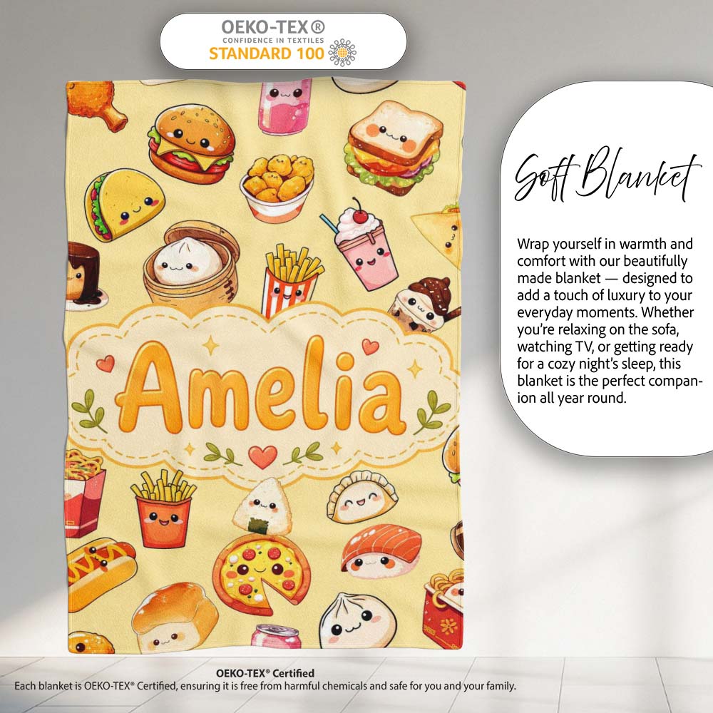 Kawaii Fast Food Burger Sushi Taco Pizza Beige Seamless Pattern Personalised Custom Name Super Soft Fleece Blanket Bed Sofa Throw