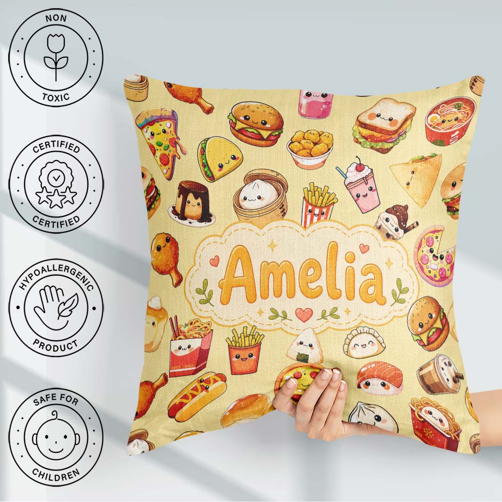 Custom Name Kawaii Fast Food Burger Sushi Pizza Seamless Pattern Square Filled Cushion Throw Pillow Sofa Bed Home Decor Zip Washable UK Made