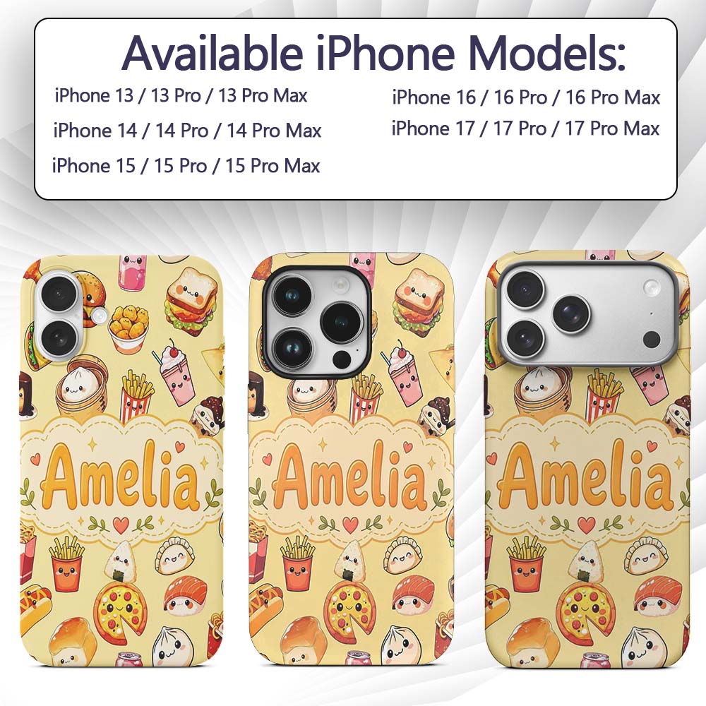 Kawaii Fast Food Burger Sushi Taco Pizza Beige Custom Name Protective Phone Case Mobile Cover Durable Everyday Smartphone Shock Resistant