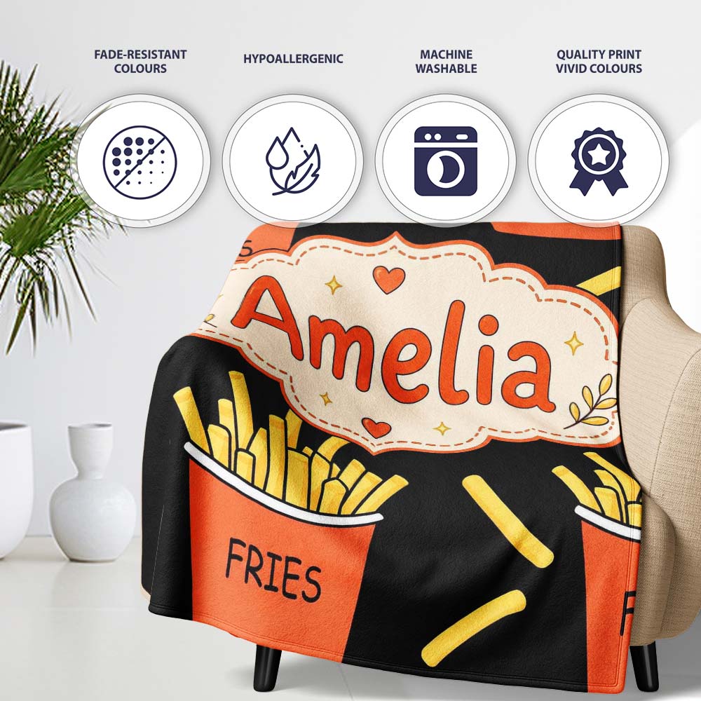Cute French Fries Cartoon Snack Food Black Background Seamless Personalised Custom Name Super Soft Fleece Blanket Bed Sofa Throw