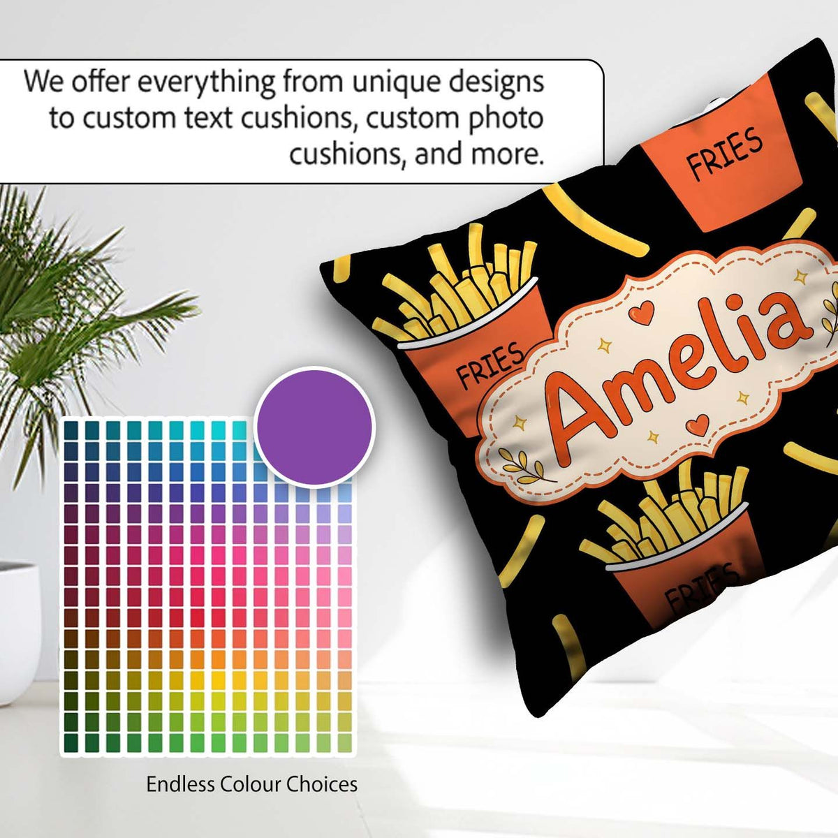 Custom Name Cute French Fries Cartoon Snack Food Black Seamless Square Filled Cushion Throw Pillow Sofa Bed Home Decor Zip Washable UK Made