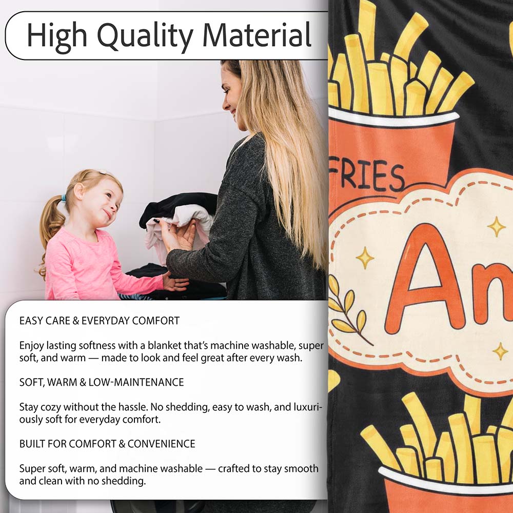 Cute French Fries Cartoon Snack Food Black Background Seamless Personalised Custom Name Super Soft Fleece Blanket Bed Sofa Throw