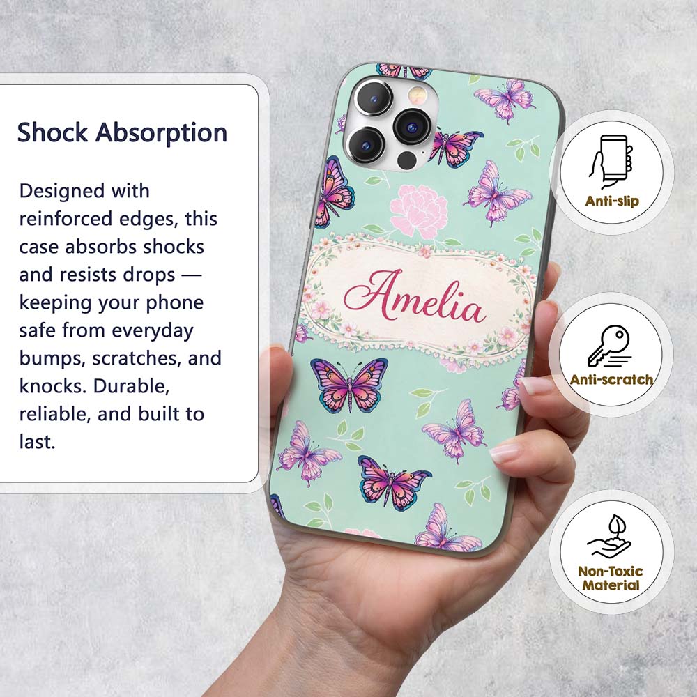 Pink Purple Butterfly Floral Teal Background Custom Name Protective Phone Case Mobile Cover Durable Everyday Smartphone Shock Resistant