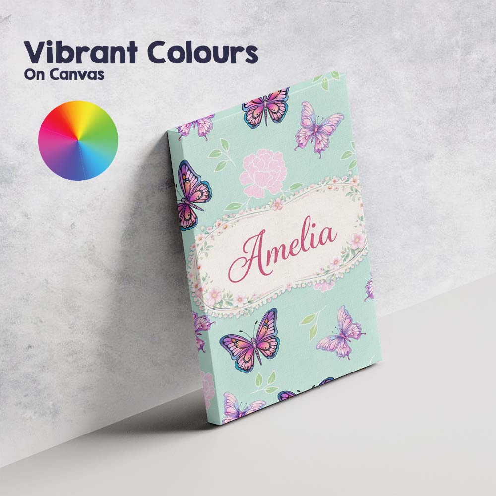 Personalised Name Pink Purple Butterfly Floral Teal Background Custom Modern Room Accent Canvas Wall Art Print Decor Picture Ready to Hang
