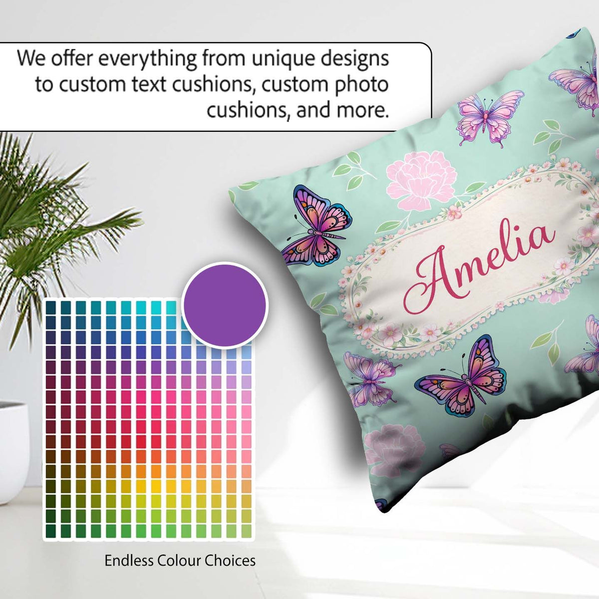Custom Name Pink Purple Butterfly Floral Teal Background Pattern Square Filled Cushion Throw Pillow Sofa Bed Home Decor Zip Washable UK Made