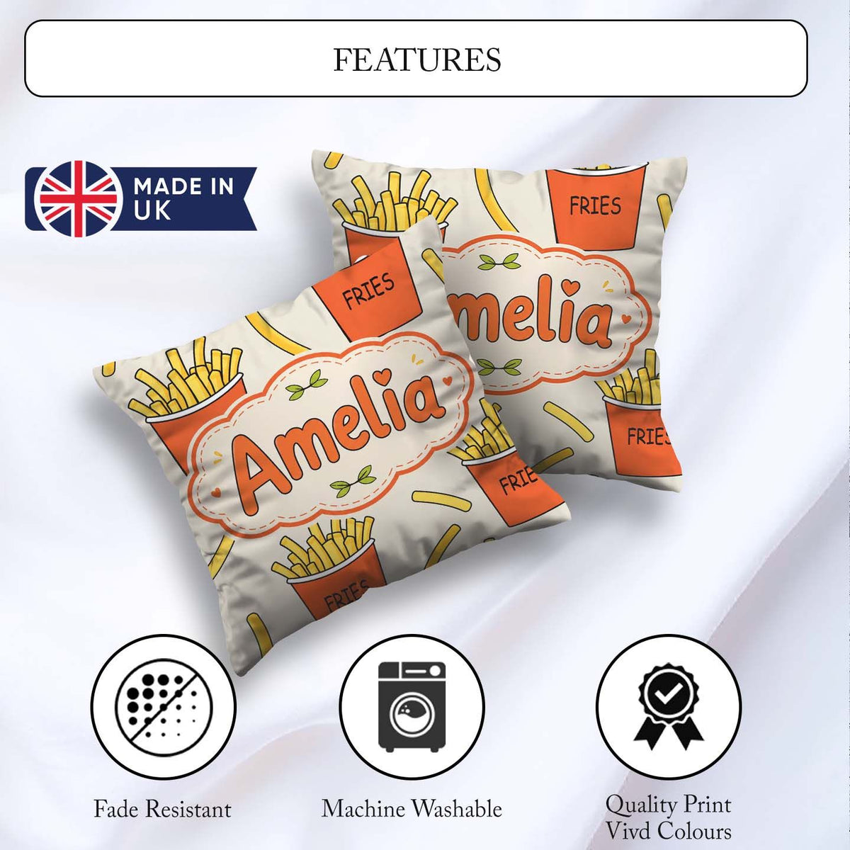 Custom Name Cute French Fries Cartoon Snack Food Cream Seamless Square Filled Cushion Throw Pillow Sofa Bed Home Decor Zip Washable UK Made