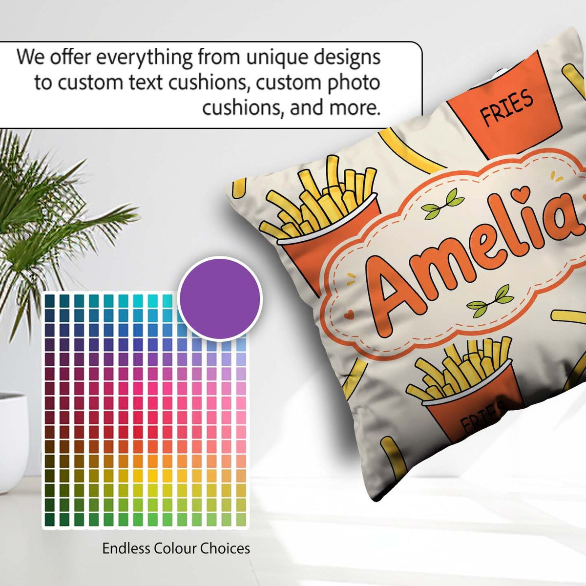 Custom Name Cute French Fries Cartoon Snack Food Cream Seamless Square Filled Cushion Throw Pillow Sofa Bed Home Decor Zip Washable UK Made