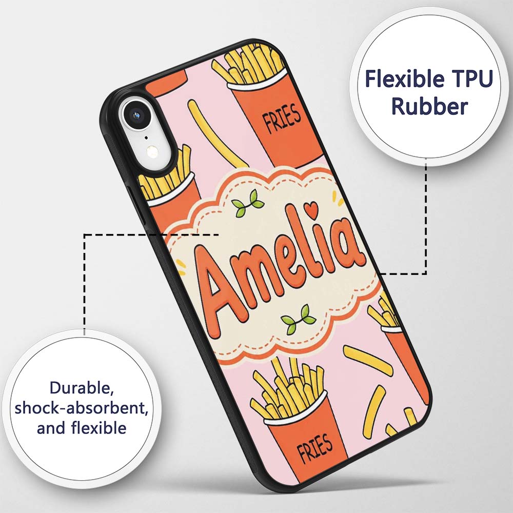 Cute French Fries Cartoon Snack Food Blush Pink Custom Name Protective Phone Case Mobile Cover Durable Everyday Smartphone Shock Resistant