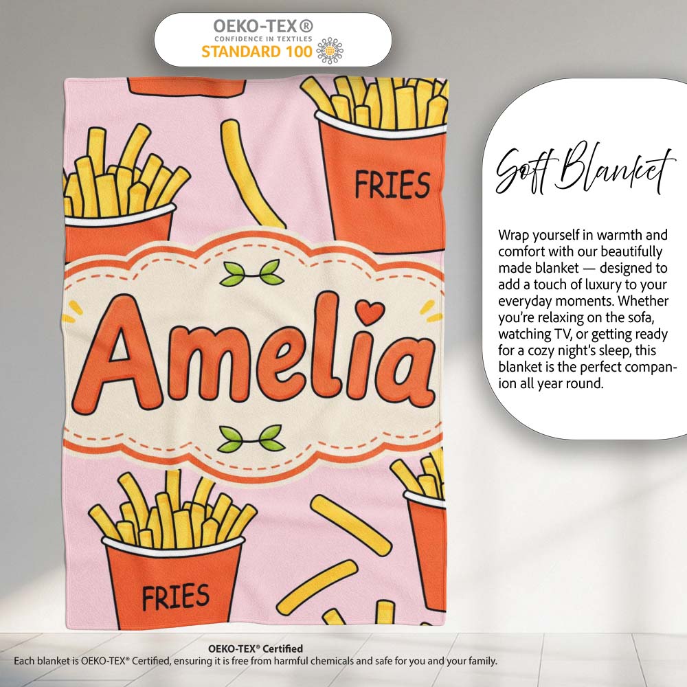 Cute French Fries Cartoon Snack Food Blush Pink Background Seamless Personalised Custom Name Super Soft Fleece Blanket Bed Sofa Throw