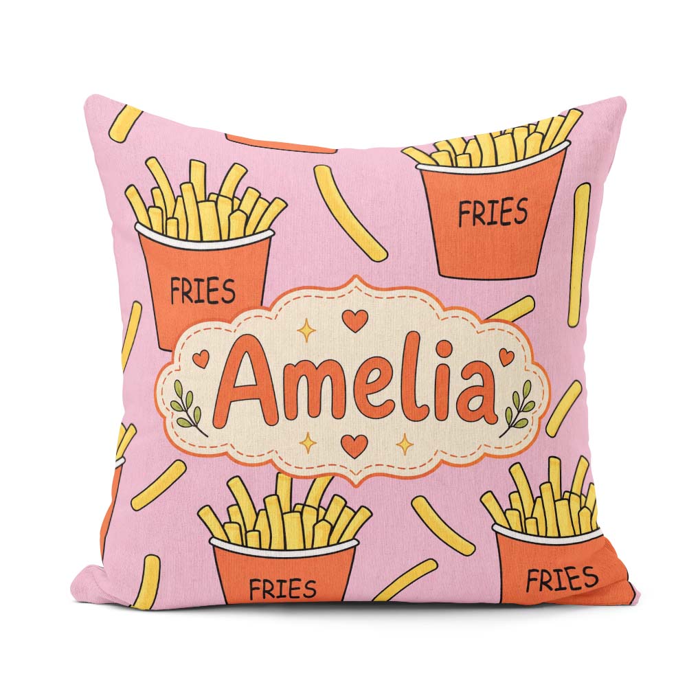 Custom Name French Fries Cartoon Snack Food Soft Pink Background Square Filled Cushion Throw Pillow Sofa Bed Home Decor Zip Washable UK Made
