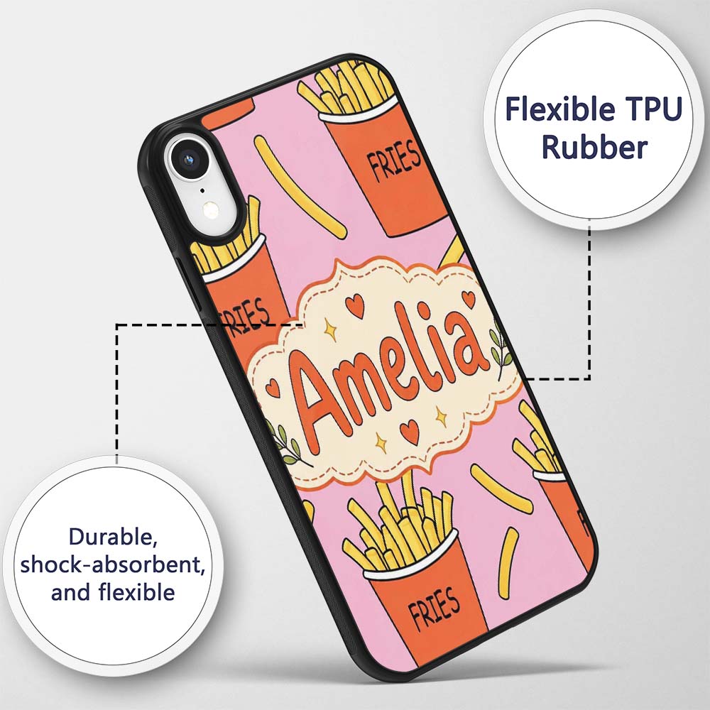 Cute French Fries Cartoon Snack Food Soft Pink Custom Name Protective Phone Case Mobile Cover Durable Everyday Smartphone Shock Resistant