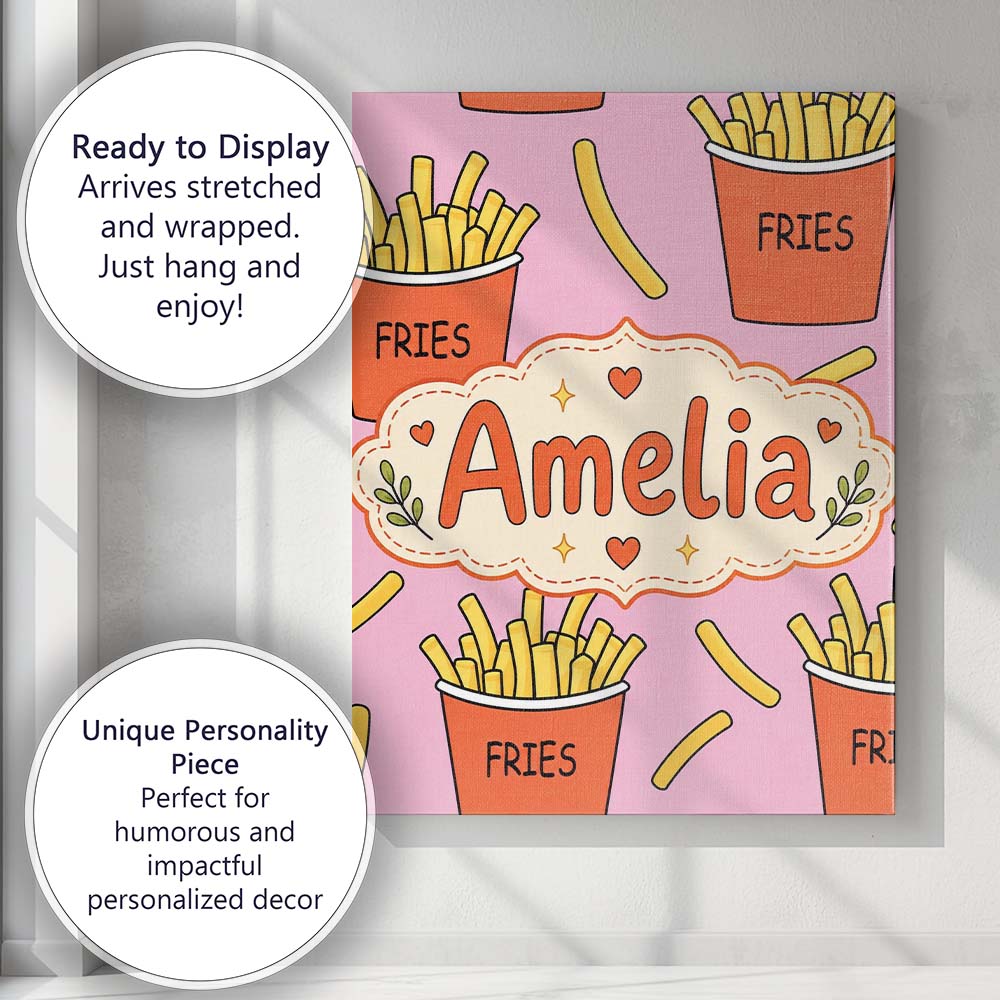 Personalised Name Cute French Fries Cartoon Custom Bespoke Interior Contemporary Canvas Wall Art Print Decor Picture Ready to Hang
