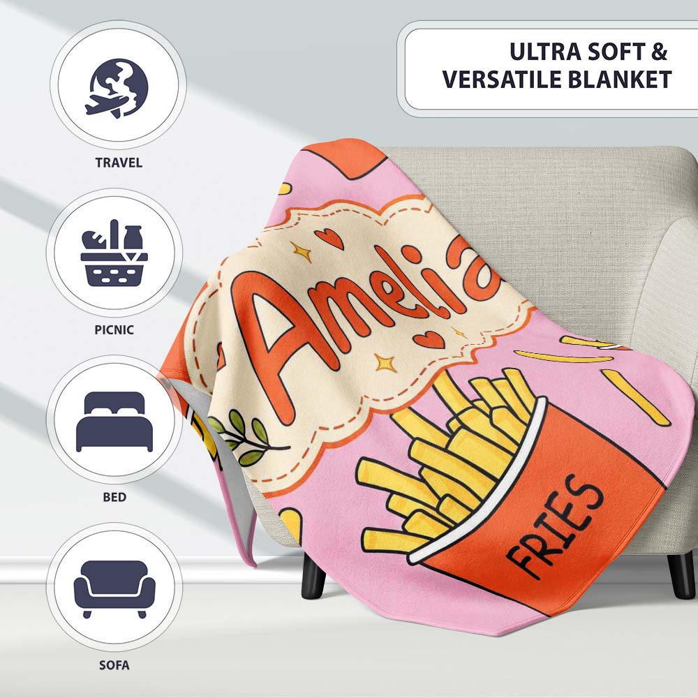 Cute French Fries Cartoon Snack Food Soft Pink Background Seamless Personalised Custom Name Super Soft Fleece Blanket Bed Sofa Throw