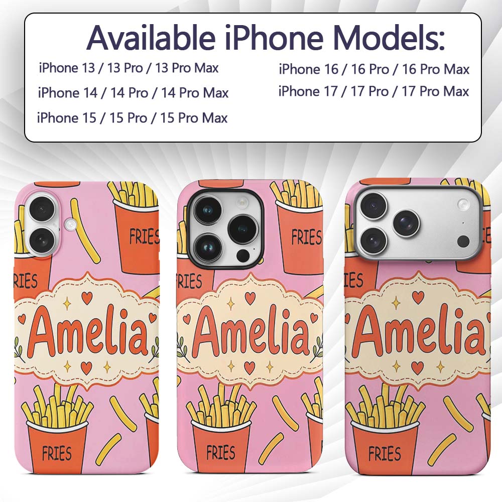 Cute French Fries Cartoon Snack Food Soft Pink Custom Name Protective Phone Case Mobile Cover Durable Everyday Smartphone Shock Resistant