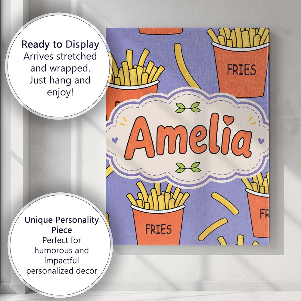 Personalised Name Cute French Fries Cartoon Custom Bespoke Interior Contemporary Canvas Wall Art Print Decor Picture Ready to Hang