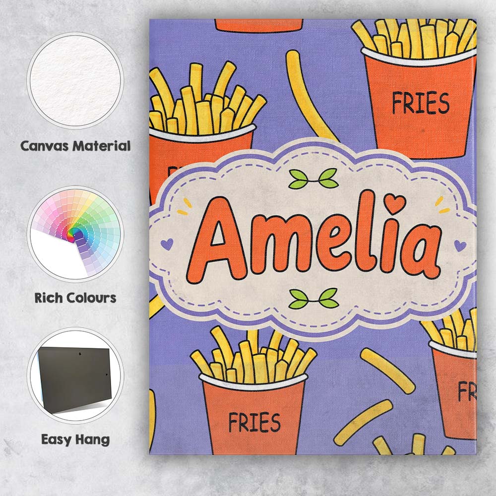 Personalised Name Cute French Fries Cartoon Custom Bespoke Interior Contemporary Canvas Wall Art Print Decor Picture Ready to Hang