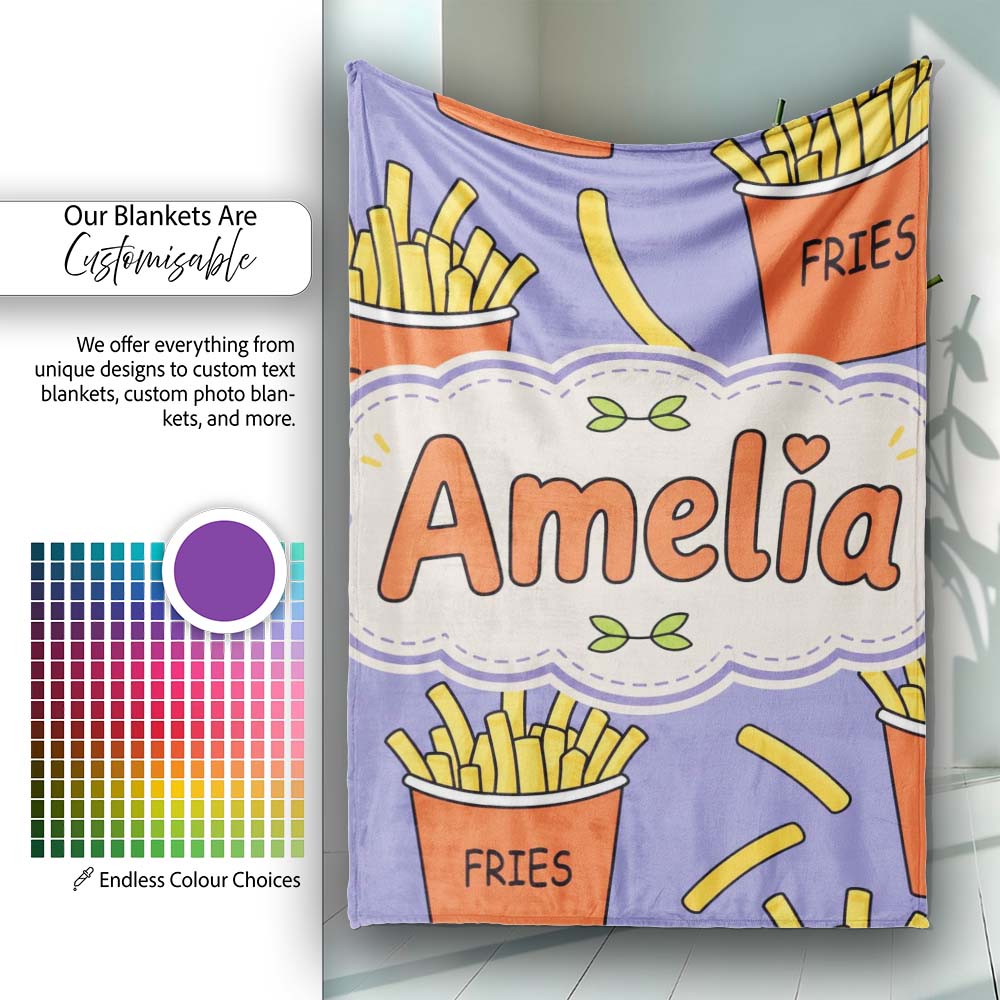 Cute French Fries Cartoon Snack Food Purple Background Seamless Personalised Custom Name Super Soft Fleece Blanket Bed Sofa Throw