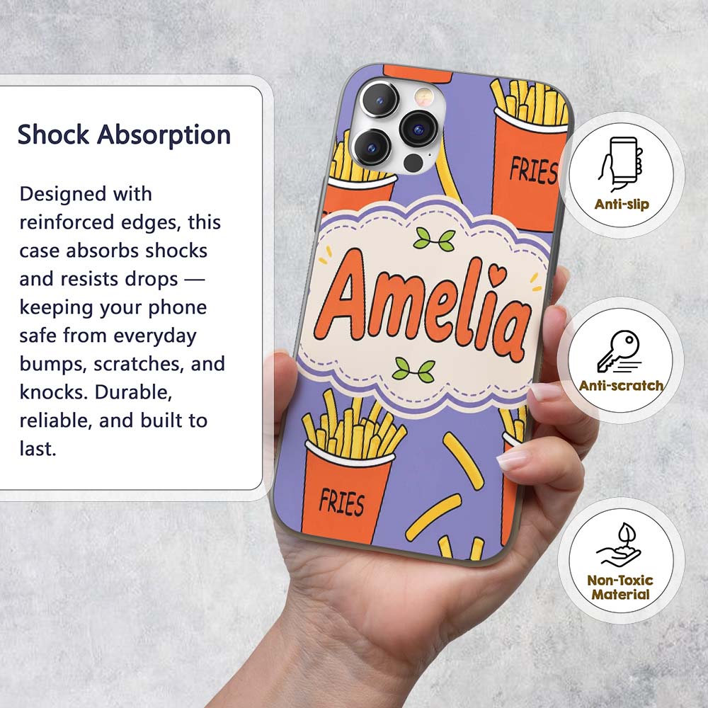 Cute French Fries Cartoon Snack Printed Design Custom Name Protective Phone Case Mobile Cover Durable Everyday Smartphone Shock Resistant