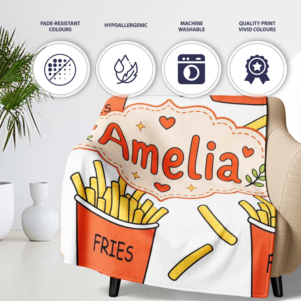Cute French Fries Cartoon Snack Food Light Grey Background Seamless Personalised Custom Name Super Soft Fleece Blanket Bed Sofa Throw