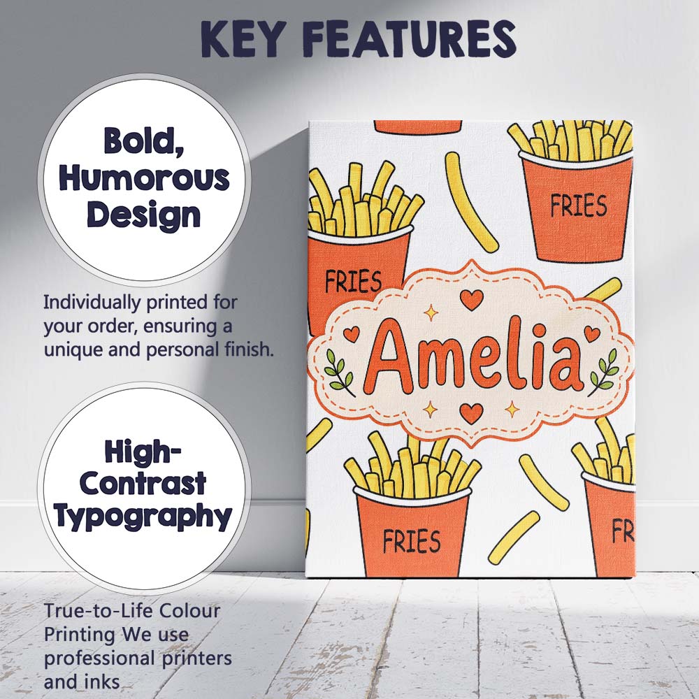 Personalised Name Cute French Fries Cartoon Custom Bespoke Interior Contemporary Canvas Wall Art Print Decor Picture Ready to Hang