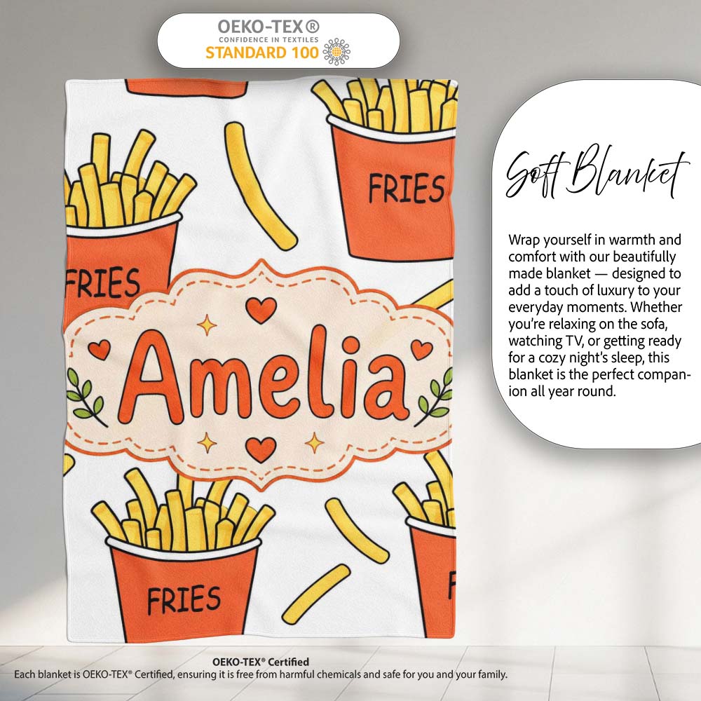 Cute French Fries Cartoon Snack Food Light Grey Background Seamless Personalised Custom Name Super Soft Fleece Blanket Bed Sofa Throw