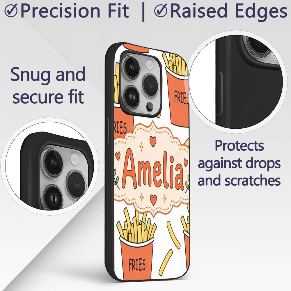 Cute French Fries Cartoon Snack Food Light Grey Custom Name Protective Phone Case Mobile Cover Durable Everyday Smartphone Shock Resistant