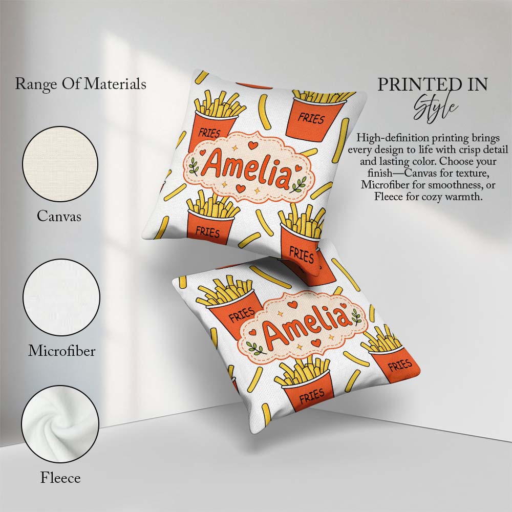 Custom Name French Fries Cartoon Snack Food Light Grey Seamless Square Filled Cushion Throw Pillow Sofa Bed Home Decor Zip Washable UK Made