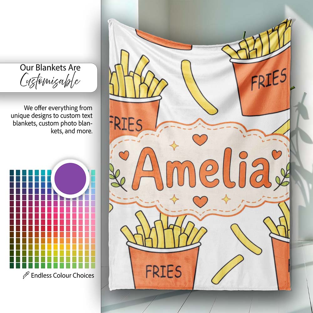 Cute French Fries Cartoon Snack Food Light Grey Background Seamless Personalised Custom Name Super Soft Fleece Blanket Bed Sofa Throw