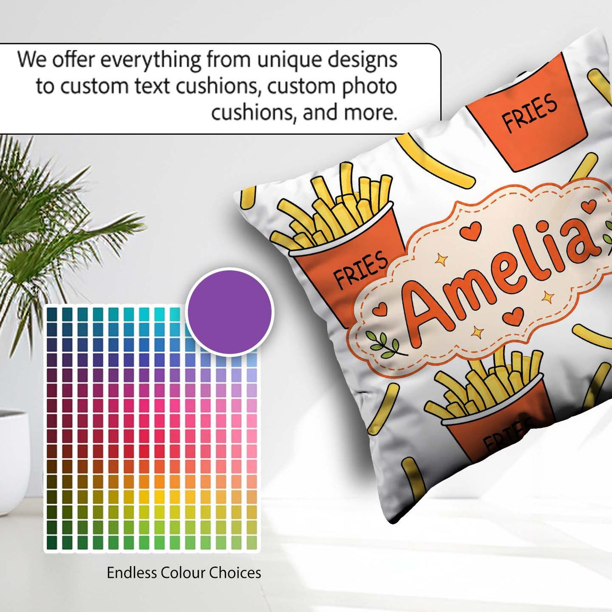 Custom Name French Fries Cartoon Snack Food Light Grey Seamless Square Filled Cushion Throw Pillow Sofa Bed Home Decor Zip Washable UK Made