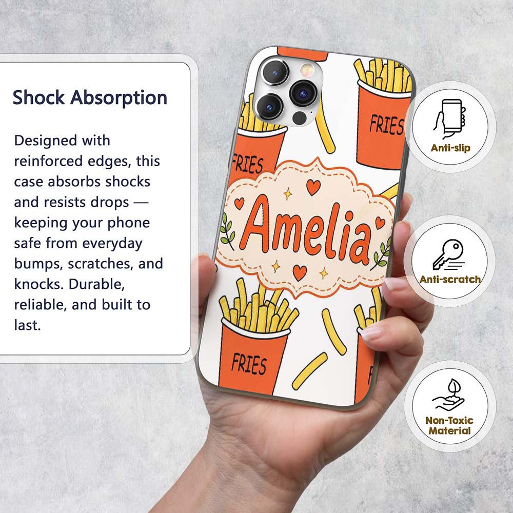 Cute French Fries Cartoon Snack Food Light Grey Custom Name Protective Phone Case Mobile Cover Durable Everyday Smartphone Shock Resistant