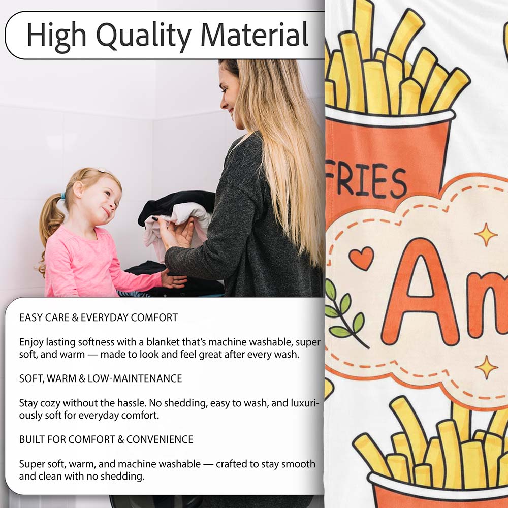 Cute French Fries Cartoon Snack Food Light Grey Background Seamless Personalised Custom Name Super Soft Fleece Blanket Bed Sofa Throw