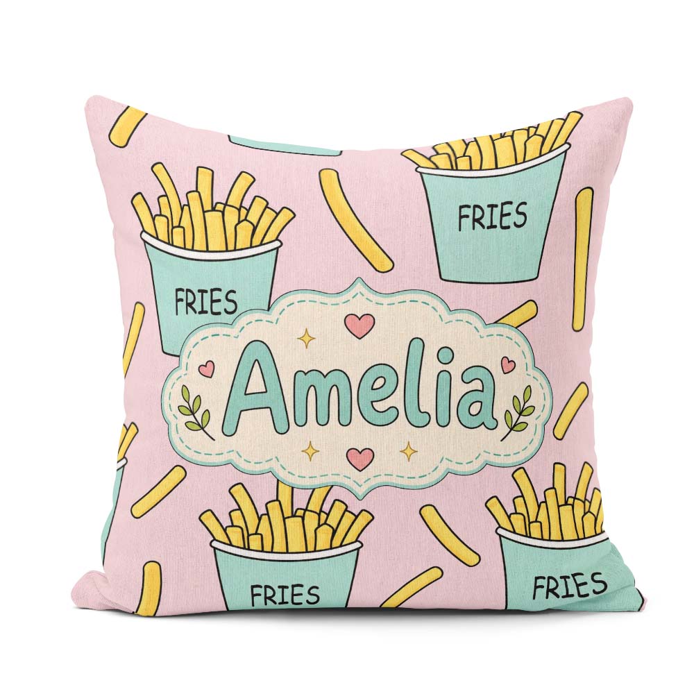 Custom Name French Fries Cartoon Seamless Pattern Teal Cups Pink Square Filled Cushion Throw Pillow Sofa Bed Home Decor Zip Washable UK Made