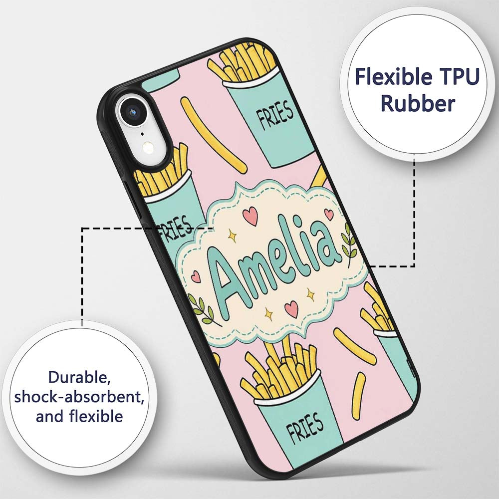 Cute French Fries Cartoon Snack Seamless Pattern Custom Name Protective Phone Case Mobile Cover Durable Everyday Smartphone Shock Resistant