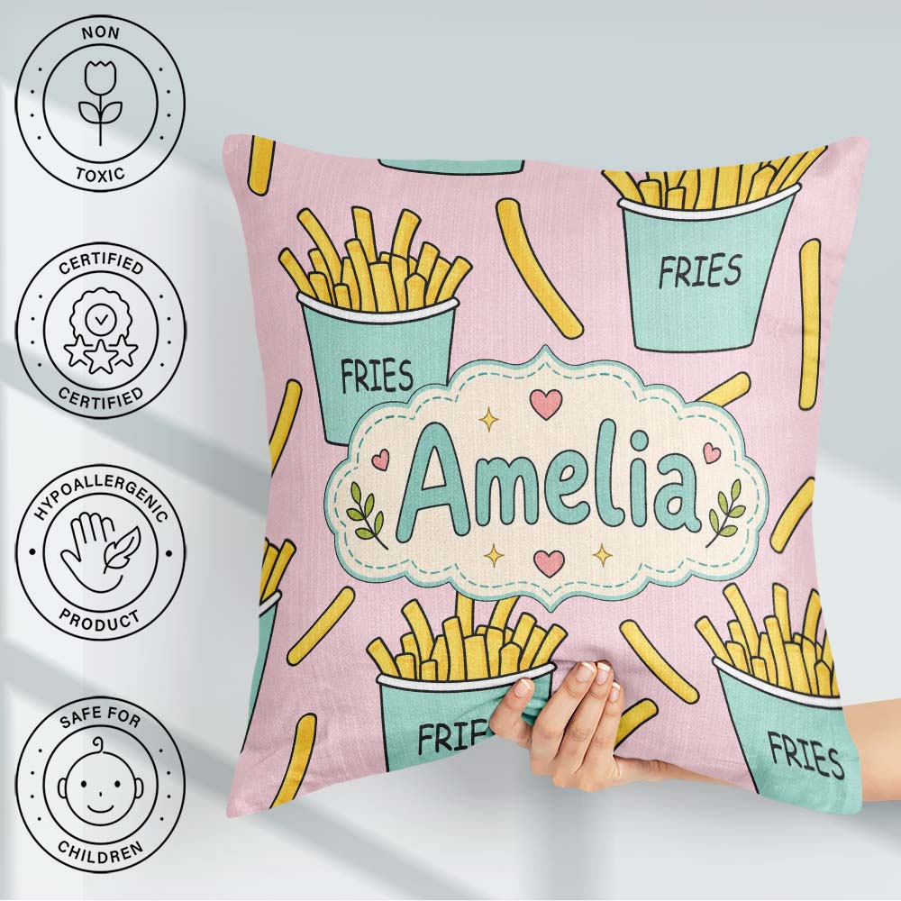 Custom Name French Fries Cartoon Seamless Pattern Teal Cups Pink Square Filled Cushion Throw Pillow Sofa Bed Home Decor Zip Washable UK Made