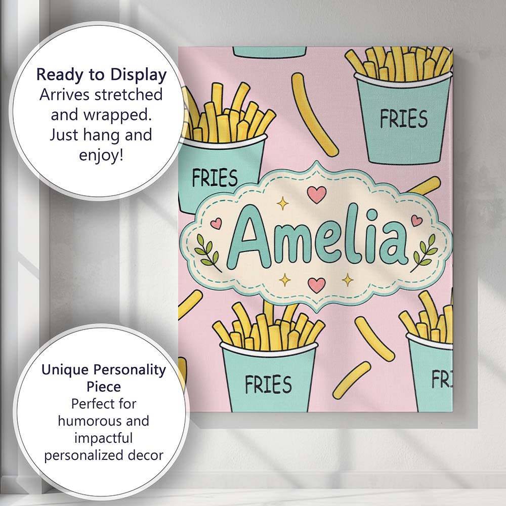 Personalised Name Cute French Fries Cartoon Custom Bespoke Interior Contemporary Canvas Wall Art Print Decor Picture Ready to Hang