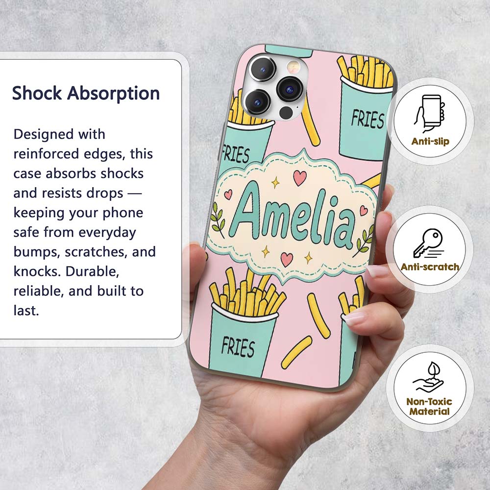 Cute French Fries Cartoon Snack Seamless Pattern Custom Name Protective Phone Case Mobile Cover Durable Everyday Smartphone Shock Resistant