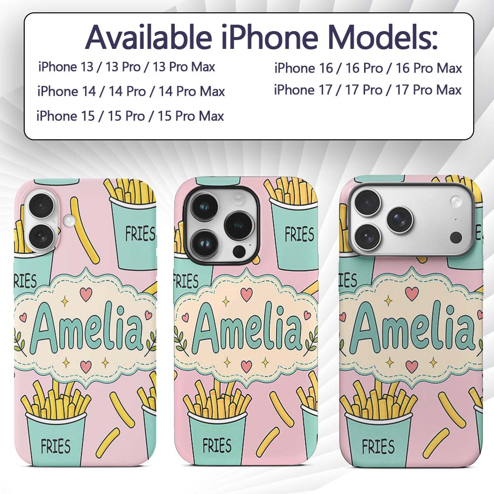 Cute French Fries Cartoon Snack Seamless Pattern Custom Name Protective Phone Case Mobile Cover Durable Everyday Smartphone Shock Resistant