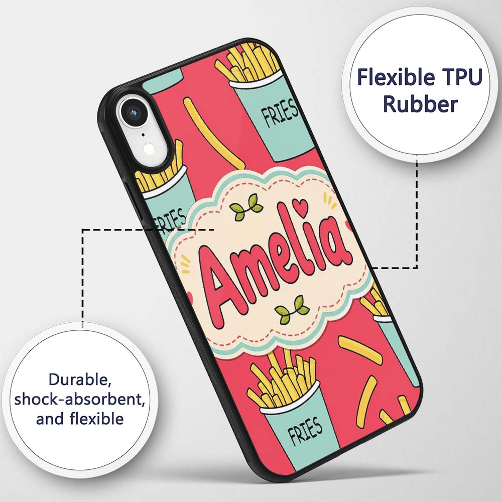 Cute French Fries Cartoon Snack Seamless Pattern Custom Name Protective Phone Case Mobile Cover Durable Everyday Smartphone Shock Resistant