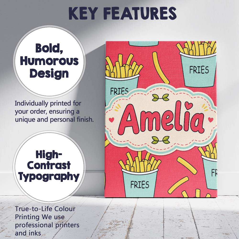 Personalised Name Cute French Fries Cartoon Custom Bespoke Interior Contemporary Canvas Wall Art Print Decor Picture Ready to Hang
