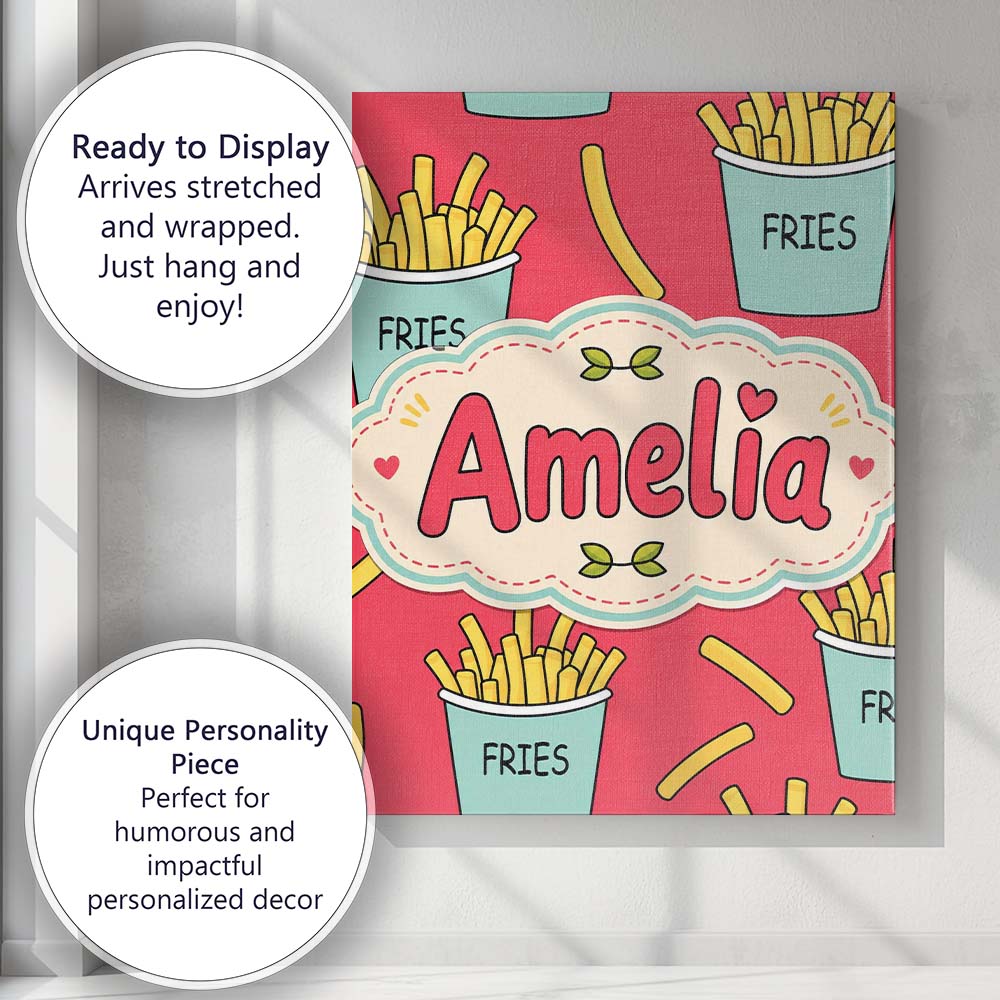 Personalised Name Cute French Fries Cartoon Custom Bespoke Interior Contemporary Canvas Wall Art Print Decor Picture Ready to Hang